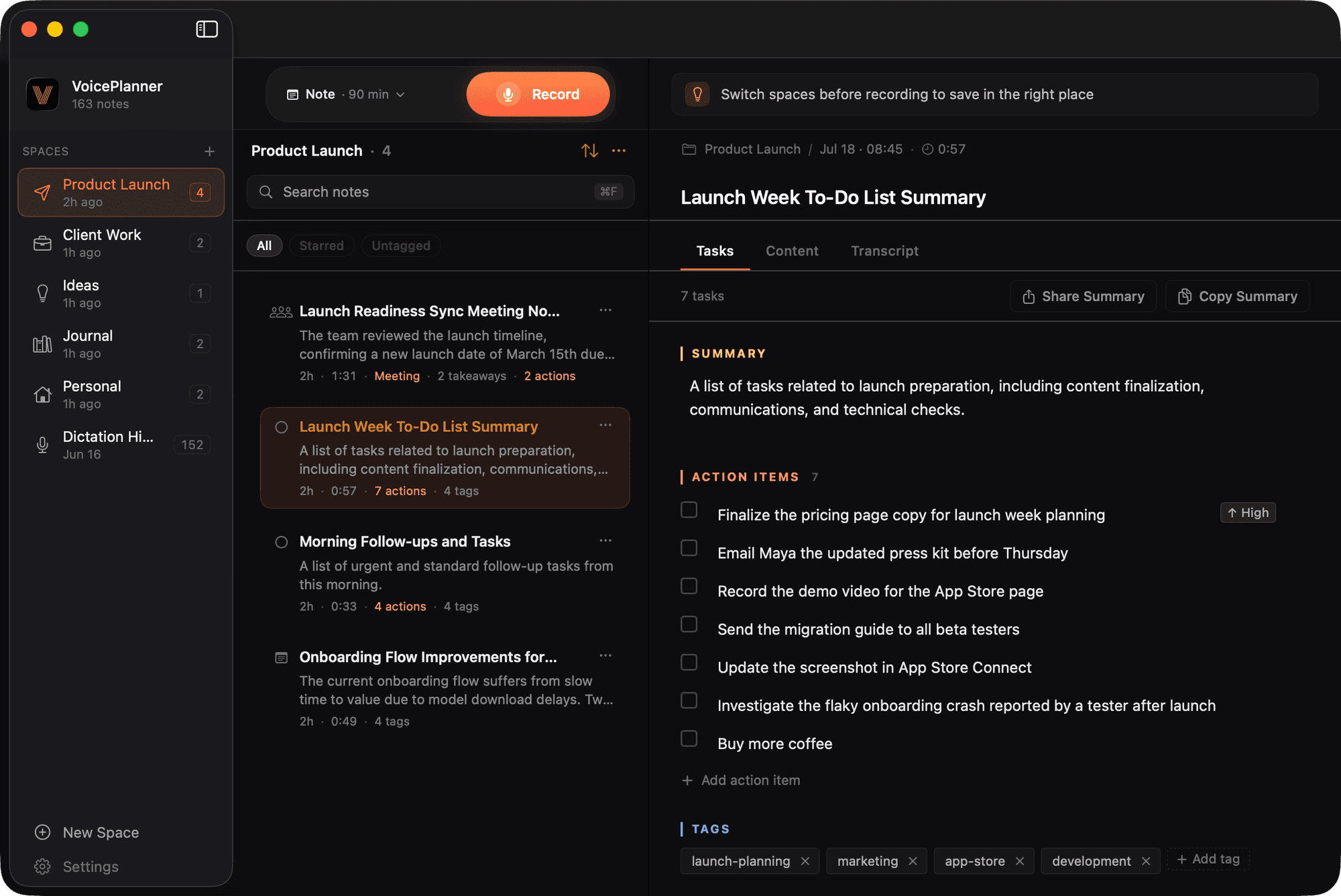 Voice Planner on macOS: spaces sidebar, recordings list, and a to-do list extracted from a voice recording